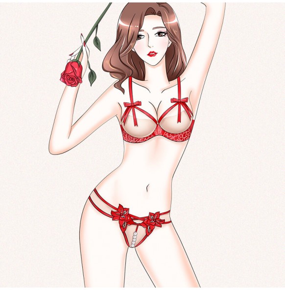 FEE ET MOI - Beaded Floral Open-Crotch Panties Bikini (Red) FEE ET MOI - Beaded Floral Open-Crotch Panties Bikini (Red)